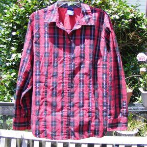 Ladies Size XL Vintage Plaid Red Black Silver Thread Blouse by Basic Editions